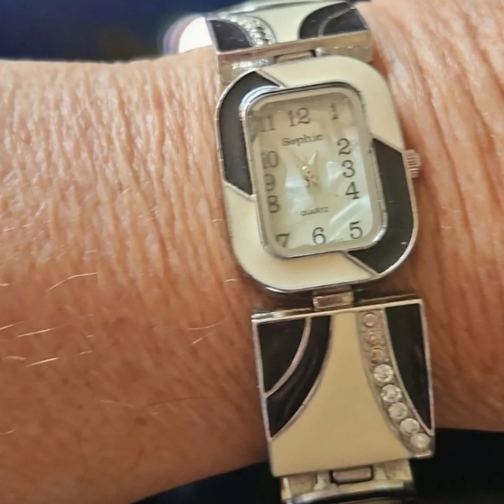 Sophie Geometric Enamaled Watch With Mother Of Pearl Face 7 1/2